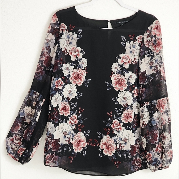 Zac & Rachel Women's Black Floral Bishop Sleeve Blouse Lined Sz M - Picture 1 of 4
